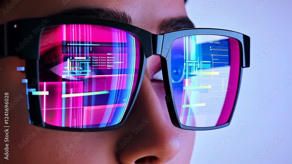 Poster futuristic smart glasses with digital interface reflections showcasing technology, innovation, and a