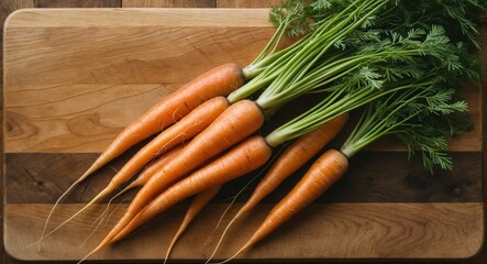 Freshly picked carrots resting on a wooden cutting board.
