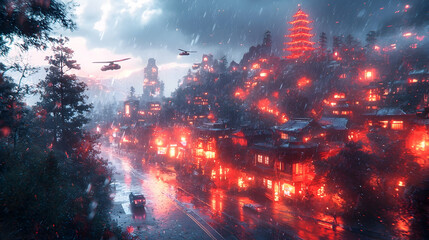 Stormy Night, Illuminated Asian Town, Helicopters Overhead