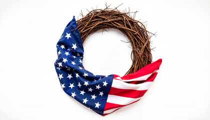 Fototapeta premium American flag wreath with rustic twigs on white background