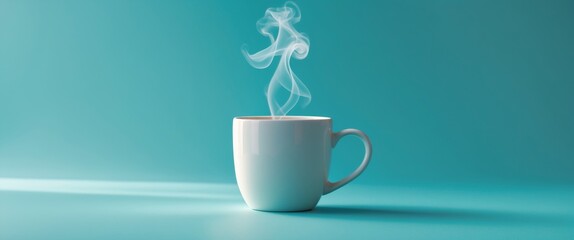 White mug with steaming drink on solid turquoise.