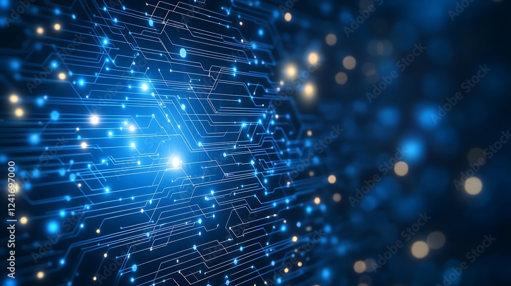 Poster digital circuitry, glowing nodes, tech background