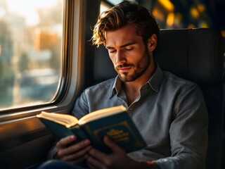 Young man reading a book on a train, bathed in warm golden light. Intellectual traveler, peaceful journey, literature lover, serene atmosphere.