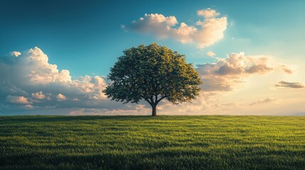 Fototapeta premium Majestic tree standing alone in a lush green field under a dramatic sky nature landscape