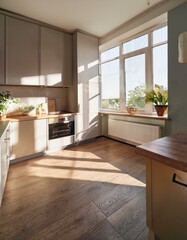 Una cuidada cocina minimalista con ventana que entra luz desde el exterior y un interior acogedor para los amantes de la fotografía.