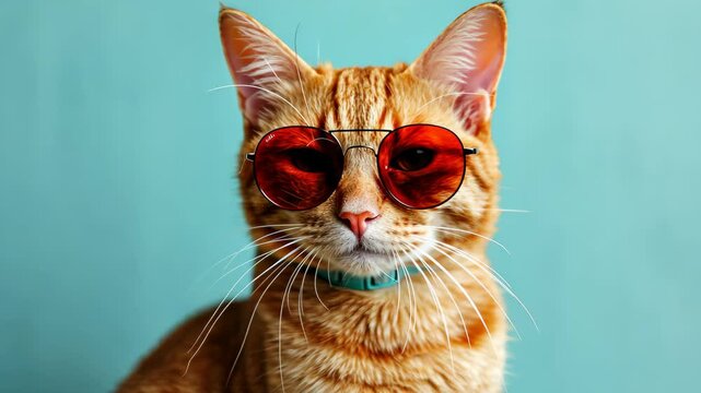 A funny ginger cat poses confidently wearing stylish sunglasses against a vibrant mint green background in a cozy indoor setting, showcasing its playful and whimsical personality