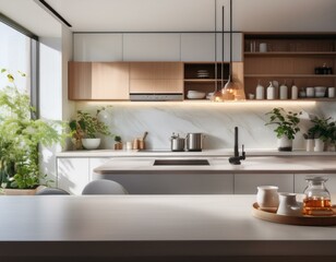 Una cuidada cocina minimalista con ventana que entra luz desde el exterior y un interior acogedor para los amantes de la fotografía.