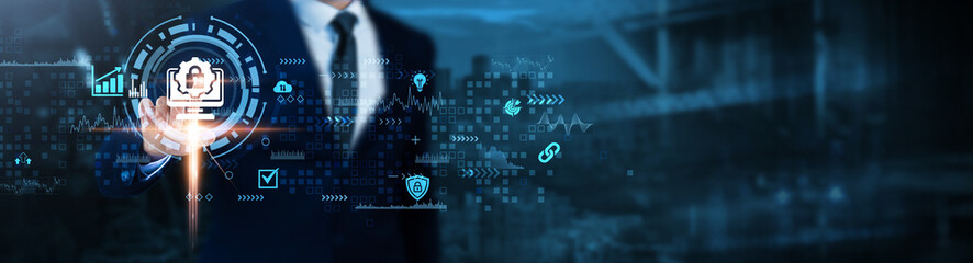 Access Management: Security protocols, identity verification, user authentication, role-based access, data protection, compliance control, network security, Businessman analyzes technological data.