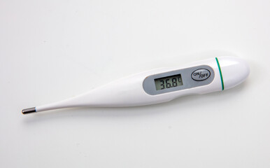 Medical digital thermometer isolated on white, Body temperature in Celcius degrees