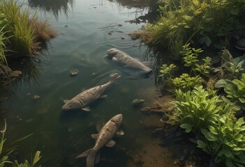 Obraz premium Dead fish and aquatic plants submerged in a polluted river with a murky greenish-brown color , river pollution causes , toxic contamination