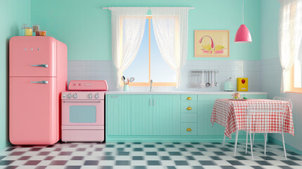 Stylish Retro Kitchen Interior with Pastel Colors and Vintage Appliances Aesthetic Design for Home Decor Enthusiasts