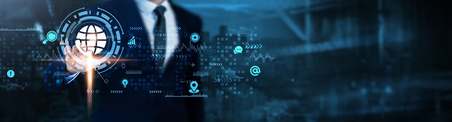 Contact Us: Customer support, inquiries, assistance, communication, feedback, solutions, service, Businessman analyses contact-related technological data.