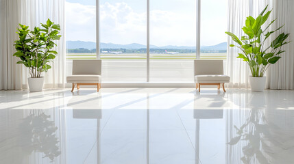 Airport lounge chairs, runway view, sunny day