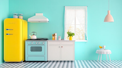 Bright and Airy Retro Kitchen with Yellow Refrigerator, Turquoise Walls, and Modern Appliances for a Charming Look