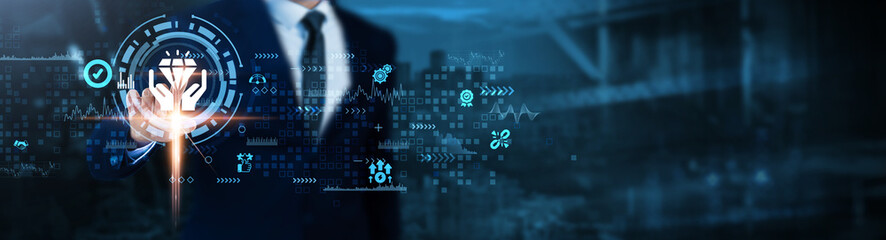 Core Values: Integrity, innovation, collaboration, accountability, transparency, respect, sustainability, Businessman analyzes organizational technological data.