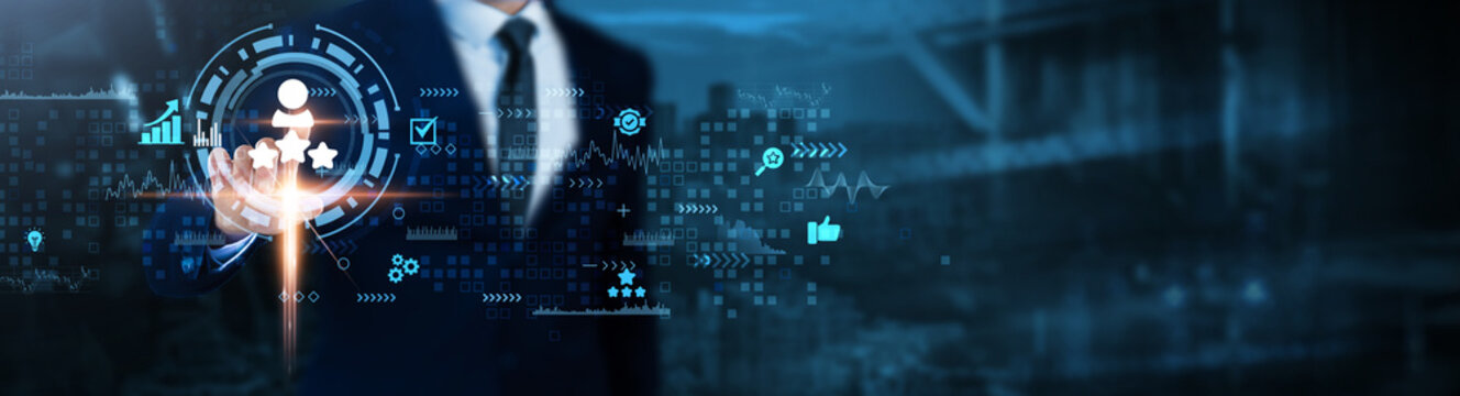 Customer Satisfaction: Quality service, feedback analysis, user experience, problem-solving, client engagement, performance metrics,  Businessman analyzes customer satisfaction technological data.