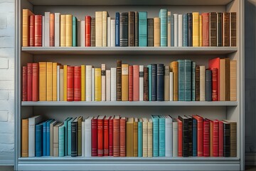Colorful vintage hardcover books arranged on white wooden shelves against light blue wall, creating organized library collection for education and reading.