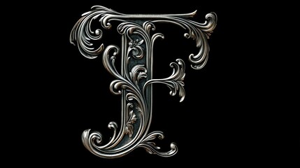 Ornate letter "F" in baroque style with intricate metallic engravings and swirling details on a black background