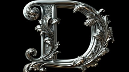 Ornate letter "D" in baroque style with intricate metallic floral patterns on a black background