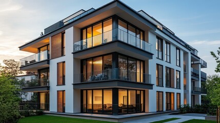 Fototapeta premium Modern apartment building exterior dusk, city suburb, illuminated windows, green lawn, real estate