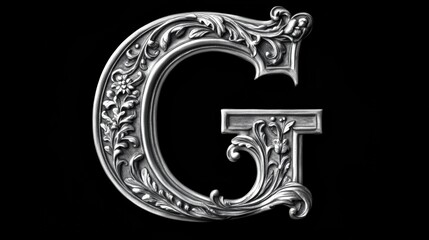 Ornate letter "G" in baroque style with metallic floral embellishments and elegant curves on a black background