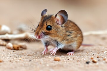 A small mouse sitting on the surface of sand