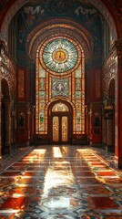 Obraz premium Majestic stained glass window illuminating historic architecture grand hall indoor low angle beauty in design