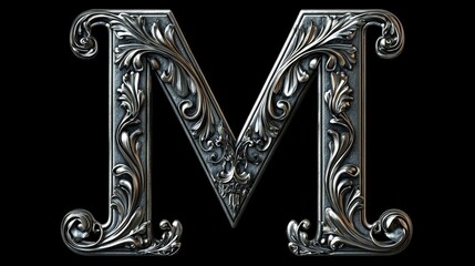 Ornate letter "M" in baroque style with intricate metallic floral engravings on a black background
