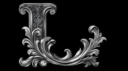 Ornate letter "L" in baroque style with flowing metallic embellishments and elegant curves on a black background