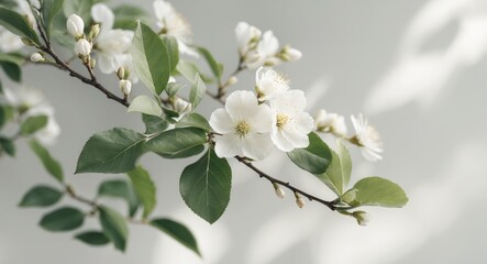 Obraz premium close up of white blossoms on a branch with leaves.