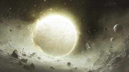 Obraz premium Celestial Body and Debris Field - A luminous celestial body dominates a scene of space debris and rocky fragments. The light illuminates the dust and rock, creating a dramatic cosmic landscape.