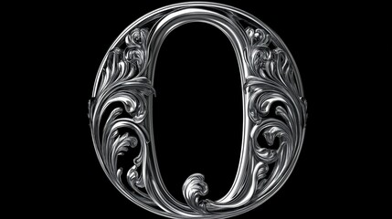 Ornate letter "O" in baroque style with flowing metallic floral embellishments and elegant curves on a black background