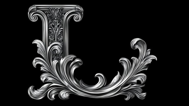 Ornate letter "L" in baroque style with flowing metallic embellishments and elegant curves on a black background