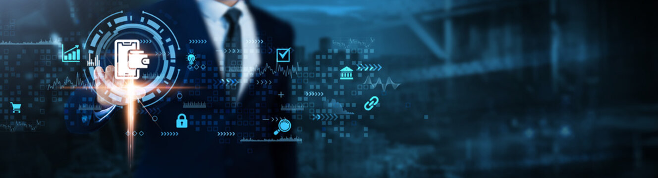 Digital Payments: Transactions, security, encryption, mobile wallets, e-commerce, financial technology, online banking, Businessman analyzes digital payments technological data.