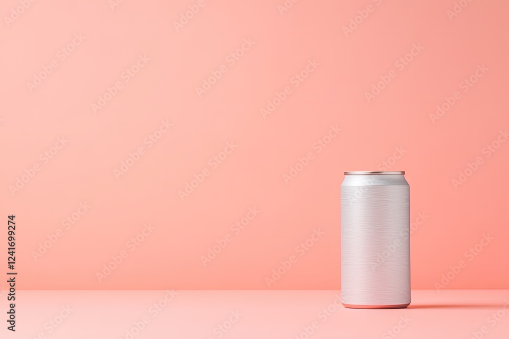 Poster matte aluminum can mockup placed on vibrant coral solid background with soft diffused lighting and a