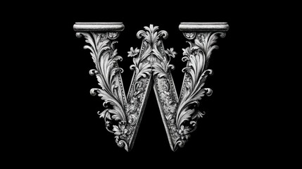 Ornate letter "W" in baroque style with elaborate metallic floral engravings and antique detailing on a black background