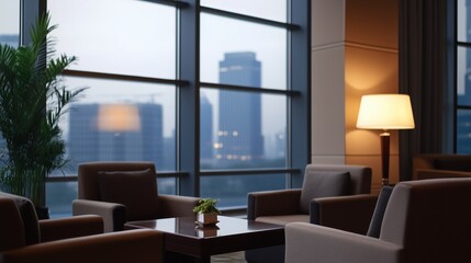 A room with a view of the city and a table with a potted plant. The room is furnished with several chairs and a lamp. The atmosphere is calm and relaxing