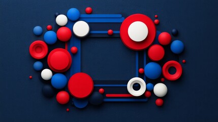 Geometric Abstract Frame:  A vibrant abstract design featuring a bold frame composed of red, white and blue circles and lines against a navy backdrop. Minimalist style.