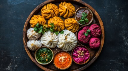A Vibrant Flat-Lay of Assorted Momos - Colorful momos, flavorful dips, and fresh herbs create a visually appealing and delicious food photography image.  Symbolizing diversity, culinary artistry