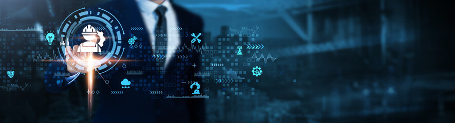 Engineering: Innovation, design, development, problem-solving, structural analysis, system optimization, technology integration, Businessman analyzes advanced technological data.