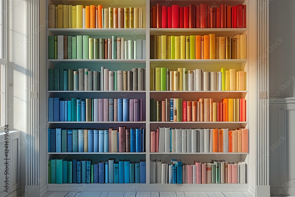 Poster bookshelf with books arranged in rainbow color spectrum order from yellow to red and blue to grey, c