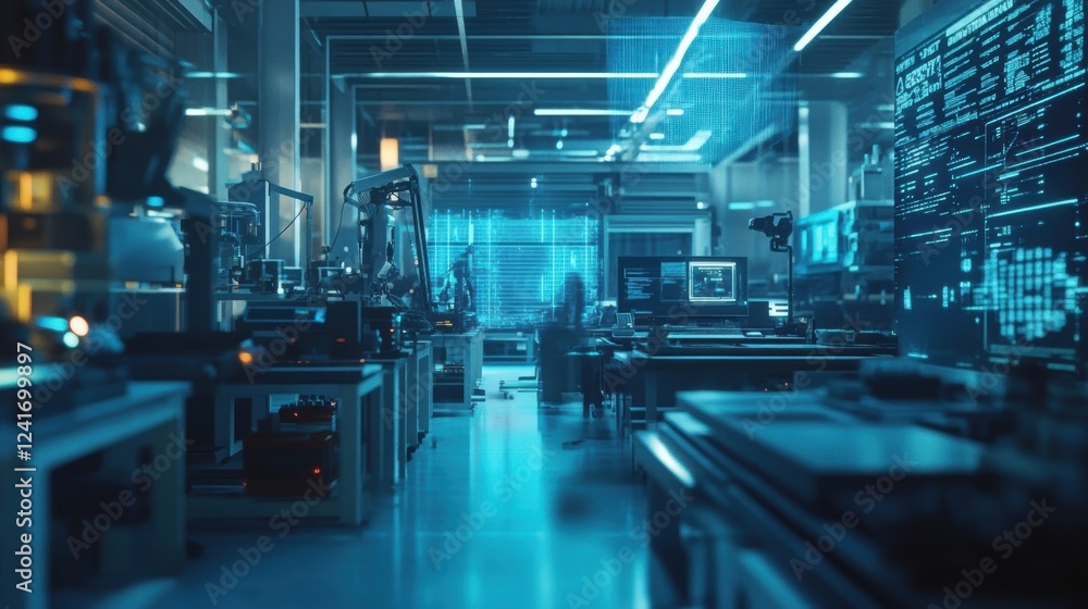 Poster modern research and development laboratory featuring advanced robotic arms, computer servers, and la