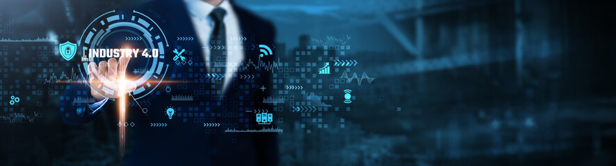 Industry 4.0: Automation, smart manufacturing, IoT integration, digital transformation, machine learning, data analytics, supply chain optimization, Businessman analyzes advanced technological data.