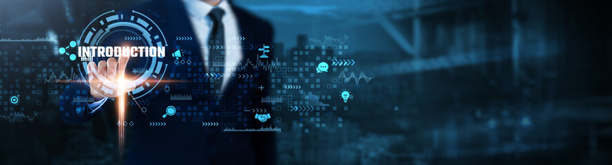 Introduction: Overview, strategy, goals, development, progress, analysis, planning, Businessman analyses key technological data.