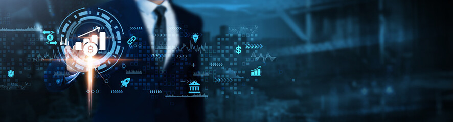 Investment: Risk assessment, portfolio management, market trends, financial analysis, capital growth, asset allocation, strategic planning, Businessman analyses investment technological data.