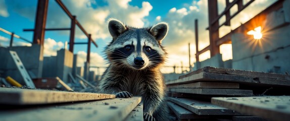 Curious Raccoon Exploring Urban Construction Site Surrounded by Debris.