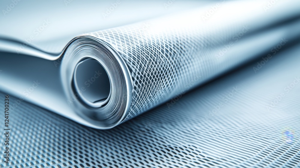Poster close-up of textured blue and white paper roll with mesh pattern