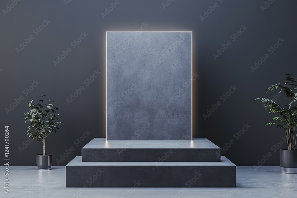 Poster modern podium with dark gray concrete finish and shiny metallic elements illuminated in minimalist s