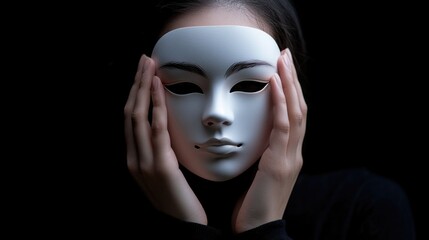 Mystical emotions displayed by an unidentified woman holding a white Venetian mask close to her face against a dramatic dark background