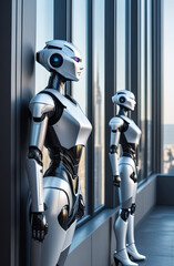 3d rendering humanoid robot standing in front of window with city view. robot woman and a full-length humanoid robot man